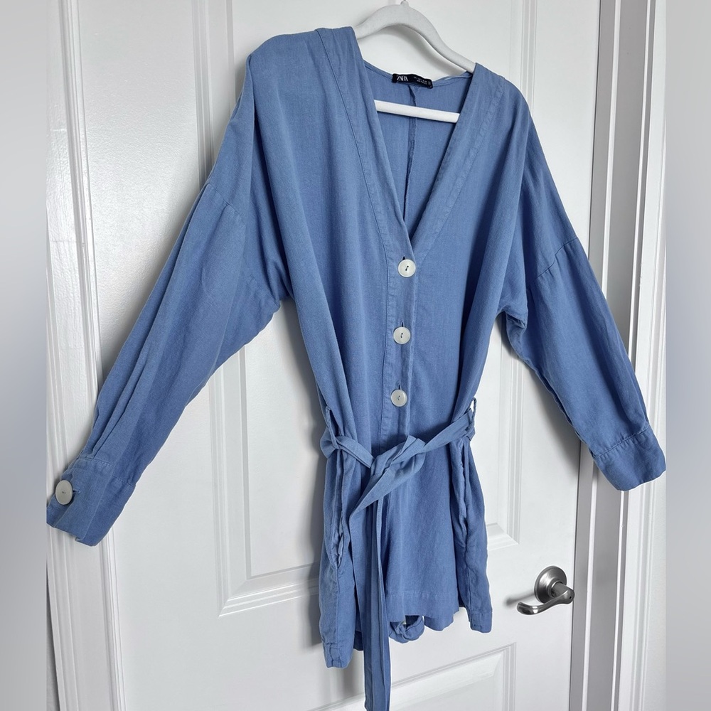Zara 100% Cotton Chambray Style long sleeve Romper Belted Romper Blue S buttons